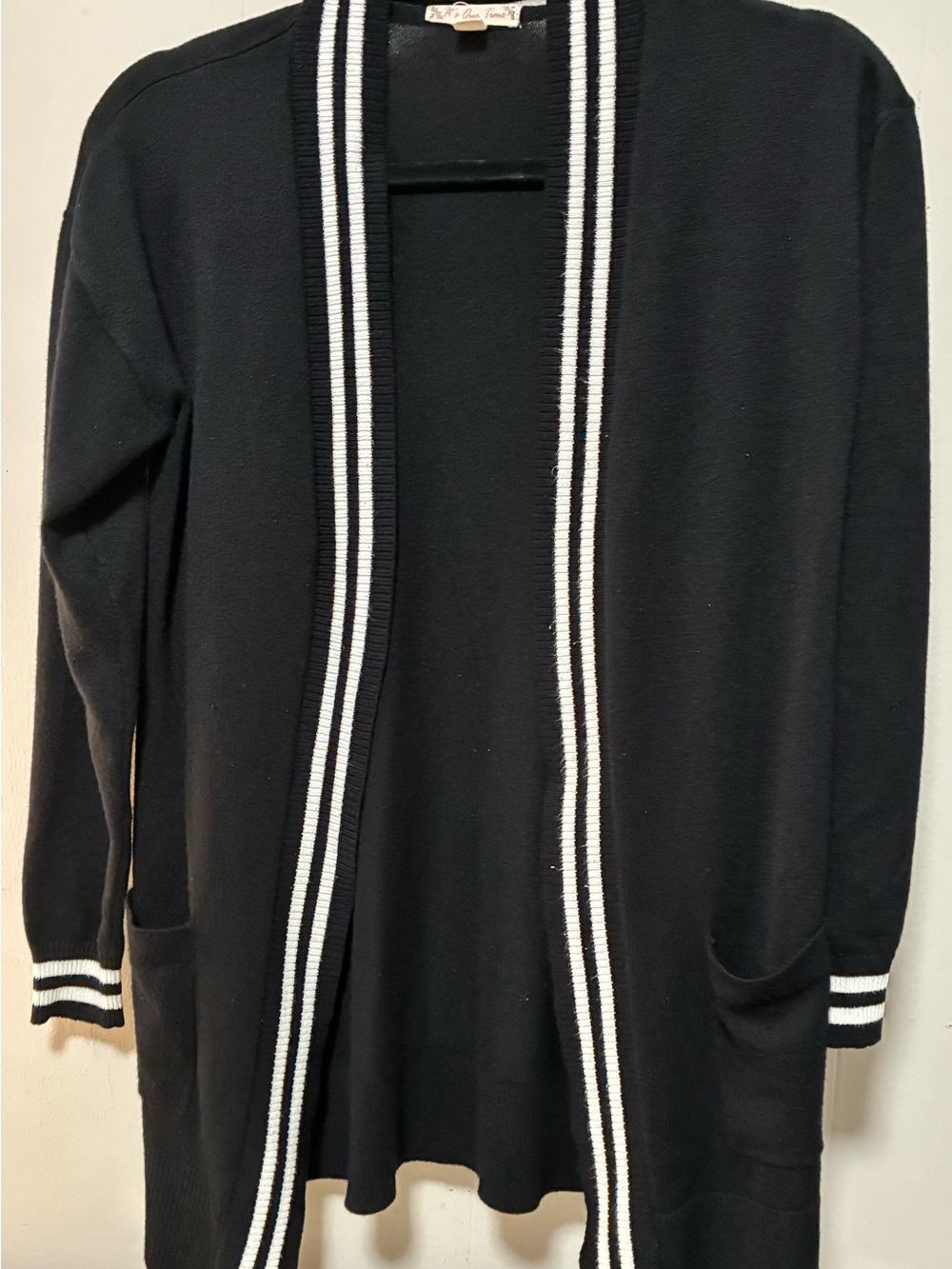 It's Our Time Black Open Cardigan with White Stripe Trim